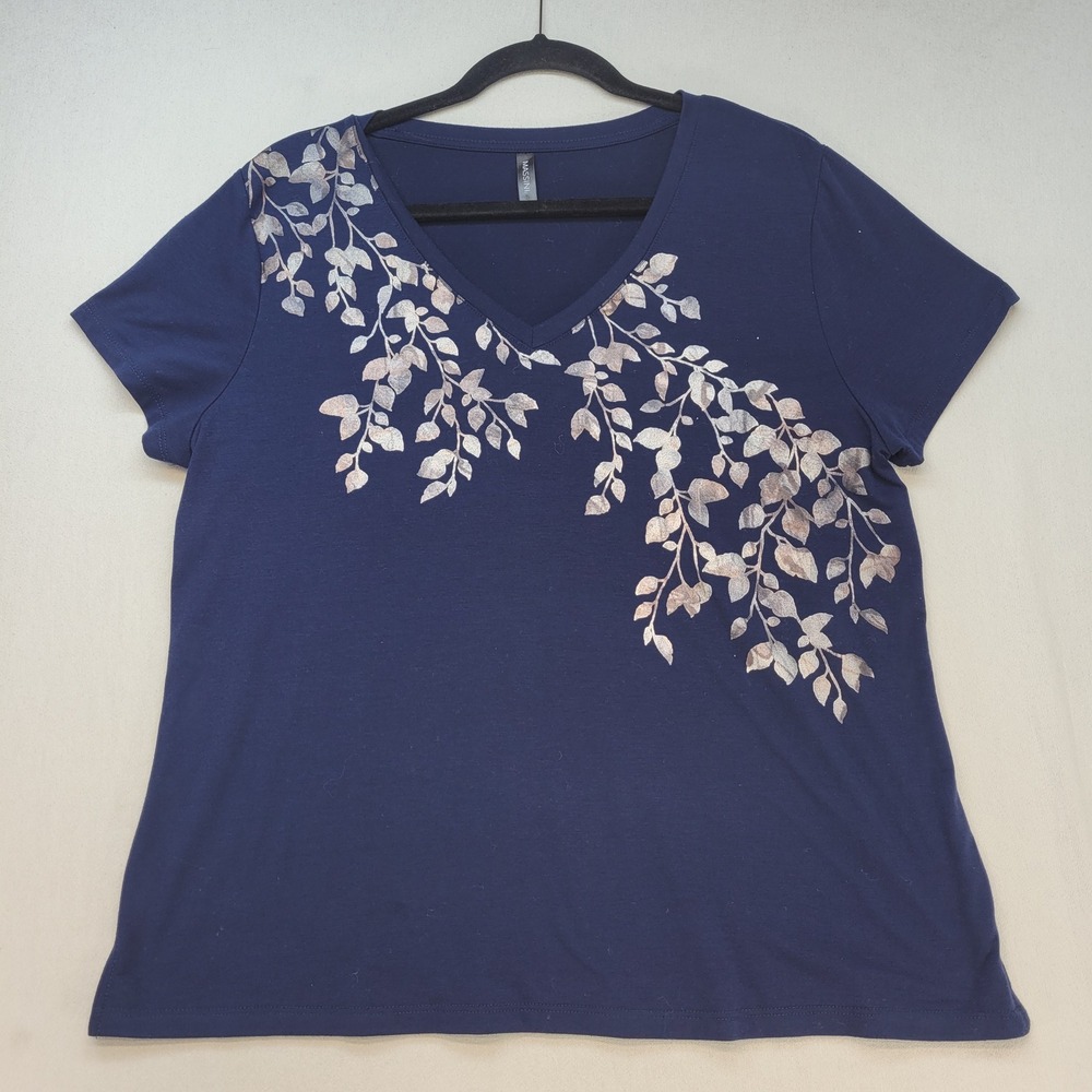 Massini T-Shirt Womens Large Blue V-Neck Silver Leaf Vine Graphic